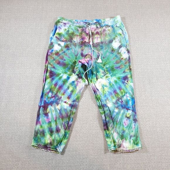 Talbots Pants Women 10P Linen Elastic Waist Cropped Green Blue Purple Boho - Picture 2 of 16